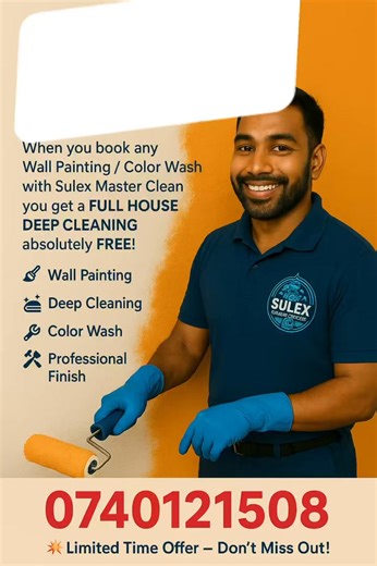 🎨 WALL PAINTING OFFER – LIMITED TIME! Don’t miss out! When you paint your house with Sulex Master Clean, you get: ✨ FREE House Deep Cleaning ✨ Professional painters ✨ Smooth & neat finishing ✨ High-quality paint ✨ Fast & reliable service 📅 Offer valid for November & December 2025 only 📞 Call Now: 0740121508 Transform your home with fresh colours a FREE deep clean! ✨🏡 ⸻ Hashtags: #SulexMasterClean #HousePainting #WallPainting #FreeDeepCleaning #ColorWash #HomeMakeover #SriLankaHomes #Professi