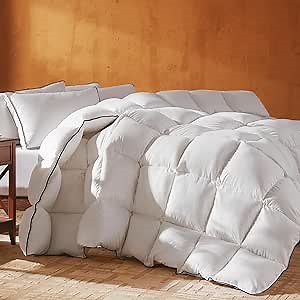 Goose Feather Down Fiber Comforter Twin Size, Fluffy Cotton Quilted White Duvet Insert, Ultra-Soft, Breathable, Luxury Bedding Comforter All Season Medium Warmth with Corner Tabs, 68x 90Inch