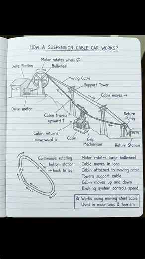 🏔️ How a Suspension Cable Car Works?✔ A motor rotates a large bullwheel.✔