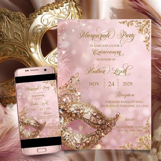 Masquerade Invitation Pink and Gold, Sweet 16, Masquerade Mask, Venetian Mask, Quince Invitation, Digital Invitation, Editable Template - Etsy