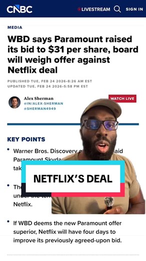 Will Paramount win the battle over Warner Bros. Discovery? We heard on Tuesday that Paramount sweetened the pot a little bit to outbid Netflix. We’re still waiting on WBD’s response but if they like the new deal will Netflix make a counter offer and what will that mean for the NFLX stock? #warnerbrothers #stockstobuy #stockstowatch #stockmarketnews #stocksforbeginners