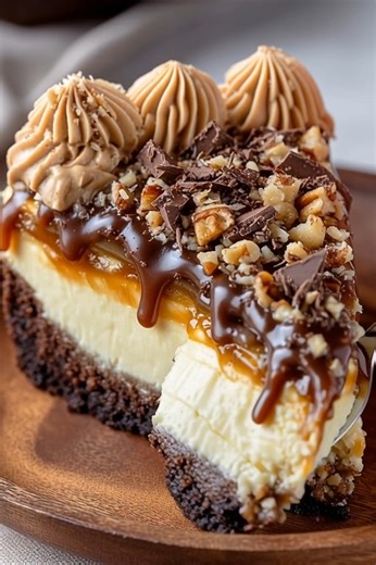 Turtle Cheesecake! 🐢🍫 Layers of rich chocolate cookie crust, creamy vanilla cheesecake, gooey pecan caramel, and a luscious chocolate ganache drizzle, all crowned with whipped cream and more crunchy pecans. This homemade masterpiece delivers all the classic turtle candy flavors in a luxurious dessert form, perfect for special occasions! #TurtleCheesecake #Cheesecake #CaramelCheesecake #ChocolateCheesecake #PecanCheesecake #HomemadeCheesecake #DecadentDessert #SweetTreat #BakingLove #SpecialOcc