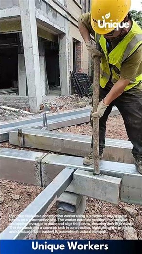 Construction Site: Worker Adjusts Metal Beams with Crowbar