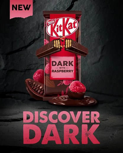 New KITKAT Dark with Raspberry! Delicate flakes of luscious Raspberry encased within Dark chocolate, for a burst of vibrant flavour 🍫🍫 | KitKat