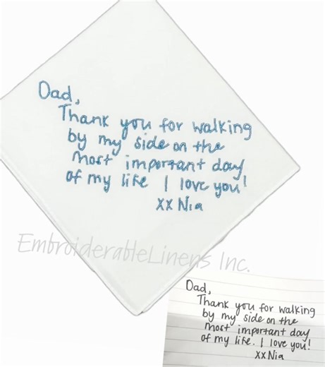 Handwritten Embroidered Wedding Handkerchief – Personalized Keepsake Watch our Video on This Listing. Why Is Our Product Superior? We Ensure All Loose Threads Including Between Letters are Cut and Cleaned, We Don't Leave Bunched Up Paper or Uncut Threads in the Back of the Handkerchief. We Also Press and Individually Package Each Piece. We Embroider Your Handkerchief Folded NOT Flat Like a Paper Sheet. Proudly Handmade in LAS Vegas, Nevada. The Largest Wedding City in the US. This listing is for