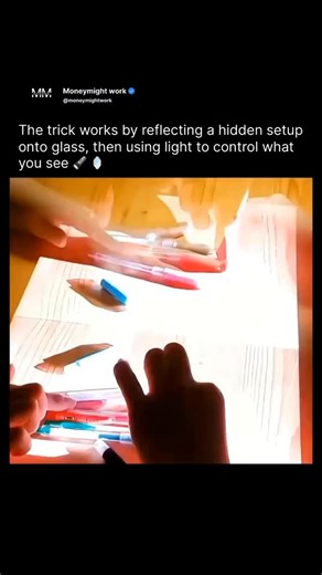 @moneymightwork on Instagram: "The Pepper’s Ghost effect works by placing a transparent glass sheet at a specific angle between a visible object and a hidden one. Through controlled lighting, the glass reflects the hidden object so it visually overlaps with the visible one. By alternating which object is illuminated, the illusion shifts seamlessly between reality and reflection. This demonstrates how fundamental principles of optics—reflection, light control, and perspective—can be used to creat