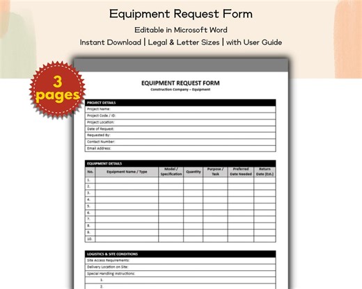 Construction Company Equipment Request Form Editable and Printable Template, Logistics Teams, Equipment Coordinators, Project Managers - Etsy