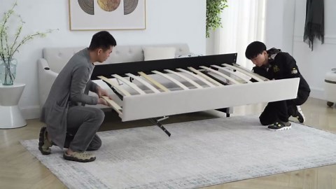 Upholstered Daybed with Pop Up Trundle, Twin to King Day Bed Frame with USB Charging Station, Linen Sofa Bed Extendable Convertible Couch