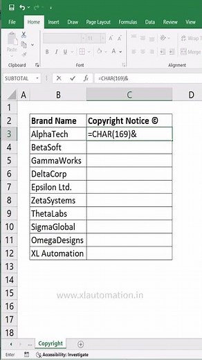 Automate © Copyright Symbols in Your Brand Tables #excel #excelforbeginners #exceltips #office