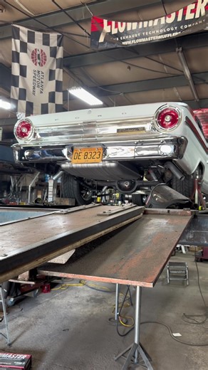 64 Ford Fairlane 500 came in for a custom cross member, and a full dual exhaust, 40 series Flowmaster and an H-pipe #automotive #fabrication #customexhaust #ford #classiccar