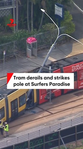3.5M views · 10K reactions | A Gold Coast tram has derailed and struck a power pole at Surfers Paradise. It has been confirmed there were no passengers on board, with the driver taken to hospital as a precaution. The crash has caused major delays to light rail services and traffic disruptions in Surfers Paradise and surrounding areas. #Tram #Accident #GoldCoast #TrafficDelays #Queensland | 7NEWS Brisbane | Facebook