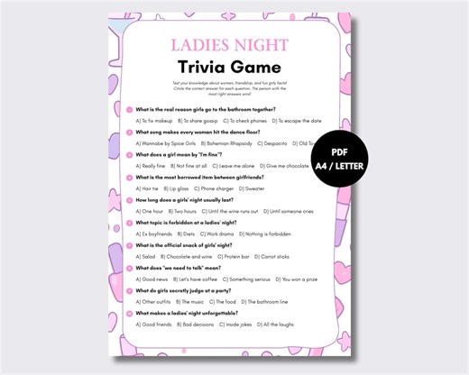 Ladies Night Trivia Game Printable | Girls Night Trivia | Ladies Night Game | Girls Night Out Trivia Game | Instant Download PDF - Etsy Canada