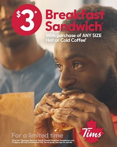 263K views · 1.1K reactions | Wake up to a delicious deal brewing. Grab a $3 Tims Classic Breakfast Sandwich with the purchase of any size coffee. | Tim Hortons | Facebook