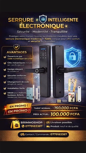 ━━━━━━━━━━━━━━━━━━━━ 🔐 SERRURE INTELLIGENTE ÉLECTRONIQUE 🔐 Sécurité • Modernité • Tranquillité ━━━━━━━━━━━━━━━━━━━━ Protégez votre maison, bureau ou résidence meublée avec une serrure électronique moderne et fiable, conçue pour offrir confort et sécurité au quotidien. ✅ AVANTAGES ✔️ Ouverture par code numérique sécurisé ✔️ Clés mécaniques incluses (en cas d’urgence) ✔️ Design élégant et moderne ✔️ Sécurité renforcée contre les intrusions ✔️ Changement de code simple et rapide ✔️ Installation f