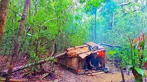 Solo Campers in Heavy Rain Build Small Houses from Bark in the Forest of Borneo | Nomadic Woman
