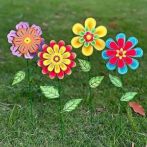 HUTHDAK 4 Pack Metal Flowers Decorative Garden Stakes for Spring Decor, 16.33 "Garden Decor Stakes for Yard Lawn Pathway Pot Decorations, Shaking Head Yard Art Metal Flowers for Outside