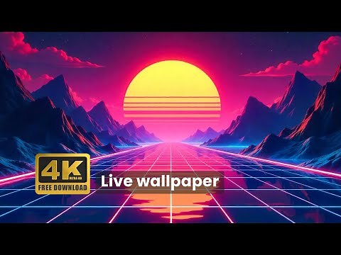 Copyright Free Retro Synthwave Road Sunset Live Wallpaper 4K | Neon Grid Mountains Background