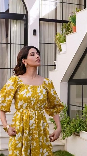 VAAKI Women Mustard Yellow Floral Cotton Jumpsuit | Square Neck & Puff Sleeves