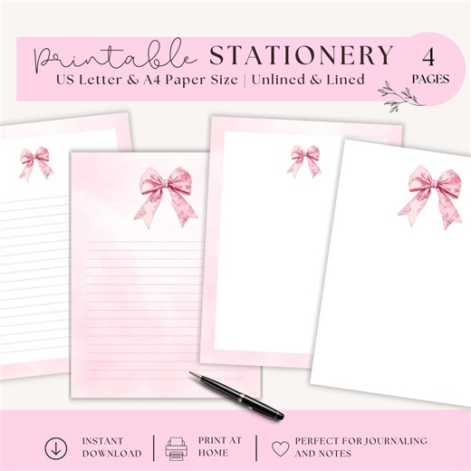 Bow Paper Printable Pink Lined Stationery Coquette Letter Writing Sheet Pretty Watercolor Girly Stationery Journal Printable Note - Etsy