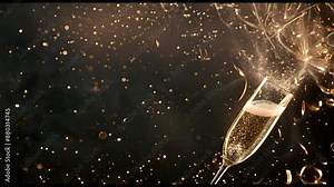 A champagne glass with a sparkler in it is on a black background. The image conveys a festive and celebratory mood, as the champagne glass and sparkler are often associated with special occasions