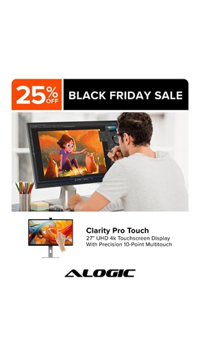 🖤 Black Friday Sale — 25% OFF! Clarity Pro Touch Monitor. Upgrade your workflow with precision touch. ✅ 27″ UHD 4K resolution with vibrant colour accuracy ✅ Responsive touchscreen for seamless workflow control ✅ USB-C Power Delivery 8MP webcam for modern setups 💰 Save 25% this Black Friday — Limited stock! | ALOGIC