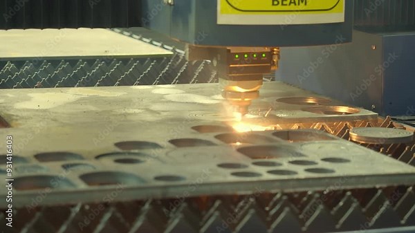 Demonstration of automated Laser CNC cut of metal with light beams technology modern industrial. High precision CNC Laser beam engraving cutting of heavy metal sheet with spark. Metal working plant.