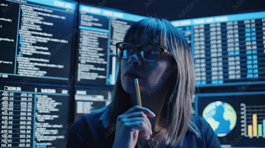 Focused Female Software Engineer Analyzing Complex Data and Code on Multiple Computer Screens in a Darkened Tech Office
