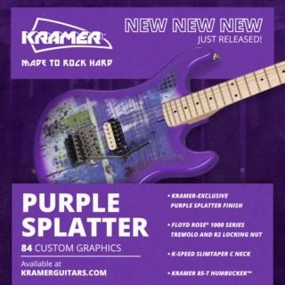 With a lightweight alder body, body-mounted Kramer 85-T humbucker pickup with zebra bobbins, a Floyd Rose 1000 Series tremolo, a smooth, non-sticky, satin-finished bolt-on hard maple neck, and a fast-playing Kramer K-Speed SlimTaper C profile…what could be better than a Kramer 84? We know! How about NEW Custom Graphics 84 in Purple Splatter?! Check out all the specs and get yours HERE: https://ow.ly/yoMC50Tvu7L #kramerguitars #84 #customgraphics #new | Kramer Guitars USA