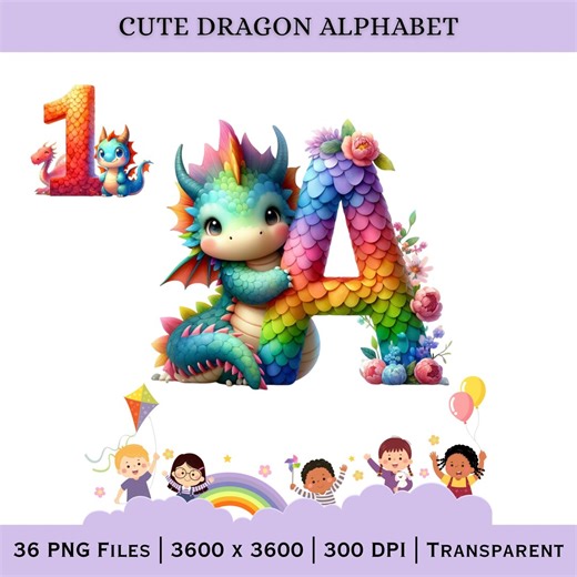 Dragon Alphabet Letters Numbers PNG | Fantasy Kids Crafts (digital Download) - Etsy