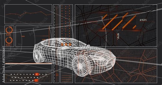 Wireframe car model being visualized in dark interface, highlighting charts, gauges, code blocks