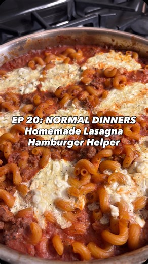 EPSIDE 20: NORMAL DINNERS - Homemade Lasagna Hamburger Helper. Recipe 👇🏻 Follow @itsnormalfood for more easy weeknight “normal” dinners! Ingredients: - 1/2 yellow onion, diced - 2 cloves of garlic, diced or sliced - 1/2 lb ground beef - 1/2 lb hot italian sausage - 6 oz can of tomato paste - 15 oz can of crushed tomatoes - 2.5 cups of low-sodium beef broth - 1/2 box of cavatappi noodles - sliced mozzarella cheese (deli slices, not fresh mozzarella) - 2 cups of low-fat cottage cheese - 1 cup sh
