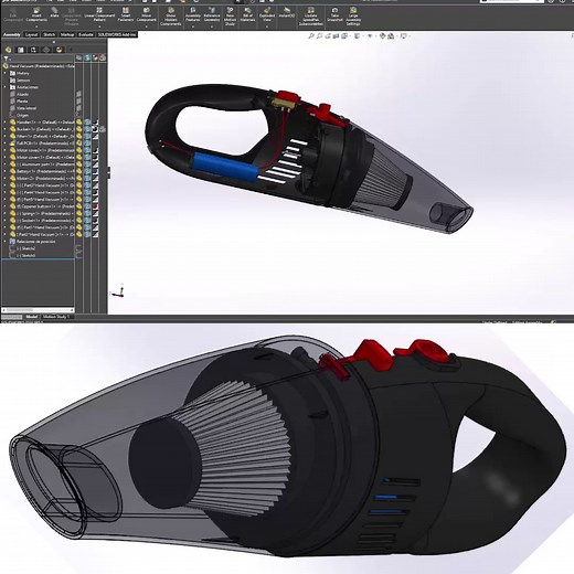 #SOLIDWORKSChampion, Alberto Ortega Ortiz designed this assembly-level CAD model of a compact vacuum cleaner designed for manufacturability and internal airflow optimization. Alberto’s always been driven by the need to understand and explain how everyday products work. This project started as an exploration into the internal mechanics of vacuum cleaners, how suction is generated, how air flows through filters, and how components interact dynamically. Modeling it in SOLIDWORKS allowed me to break