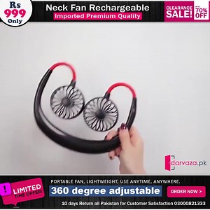 darvazapk Hanging Neck Fan Dual Rechargeable Cooling in Just Rs 999 with 10 days Return all Pakistan for 100% Customer Satisfaction. WhatsApp us for instant feedback: wa.me/923000821333 Portable fan, lightweight, ready to use anytime, anywhere. A wearable design with a hanging neck. 360 degree adjustable, you can choose any wind direction you want It can be placed on the table and turned into a small desktop fan. Safety and environmental protection. Ultra-quiet design. Ultra-static miniature hig