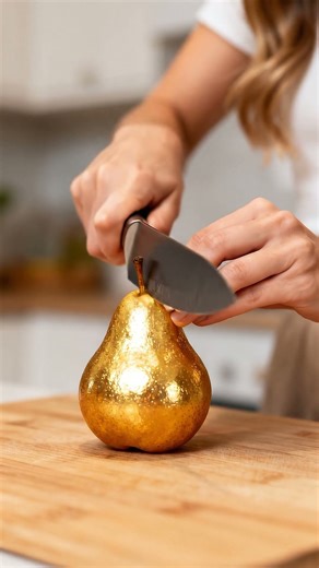 slicing a juicy pear close up