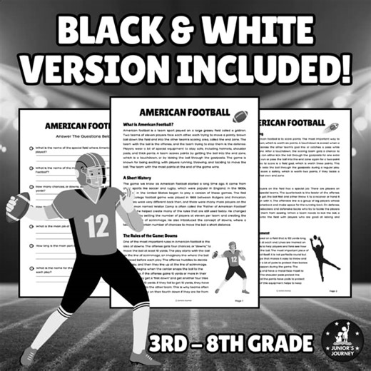 American Football Reading Comprehension | Informational Worksheet | Grades 3 - 8