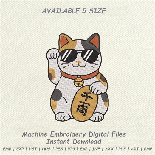 Maneki Neko Cat Embroidery Design, Lucky Cat With Sunglasses, Japanese Fortune Art (digital Download) - Etsy