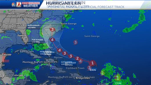 11 a.m. Tropical Update: The latest tropical advisory for Erin has just been issued by National Hurricane Center meteorologists. No inland impact is forecast for North Carolina on this current track, but there is still uncertainty for when Erin may turn to the North this weekend. Southeast U.S. beaches may experience bigger waves, high surf and rip current risks into next week. Please use the interactive tropical layers on wxii12.com/radar for more information, and join us on WXII 12 News for li