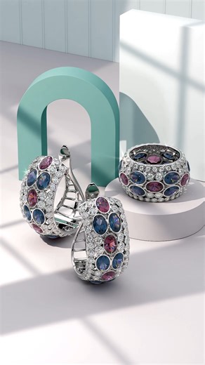 DEGO - JEWELRY DESIGN STUDIO on Instagram: "🎨 Color Geometry — Modern Luxury Mix ✨ Full CGI — Contemporary Showcase AC-MIX1 is a bold composition where color, volume, and geometry come together. Earrings and ring are united by a mosaic of multicolored gemstones, framed in white metal and set within a clean architectural CGI environment. This visual was created to emphasize contrast, rhythm, and modern luxury, making it ideal for editorial, campaign, and catalog use. 💎 Multicolor gemstone mosai