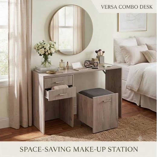 SpaceSave Versa Combo Drawer Desk with Storage Ottoman Make Up Station