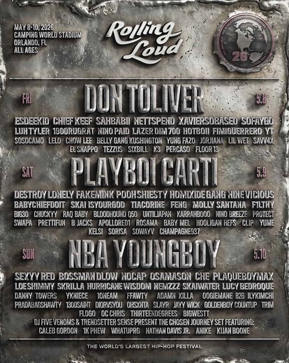 Rolling Loud 2026 Orlando Lineup Announced With Playboi Carti and YoungBoy