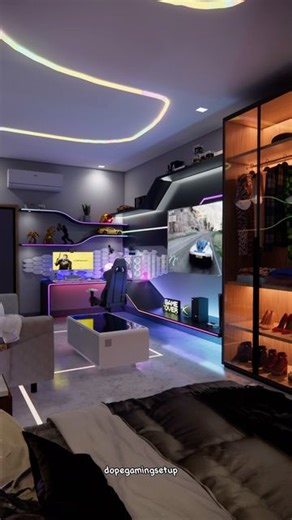 Gaming Setups and Design 🔵 on Instagram: "Remodelled a Gaming Room to a Gaming bedroom ! ♠️ @dopegamingsetup For design enquiries visit the link in bio ⛓️‍💥 #gaming #gamingcommunity #pcgaming #gamer #gamingpc #roomdesign #interiordecor #gamingdecor #gamingmancave #deskgoals #roomdecor #deskorganisation #desktour #gamingroomdesign"