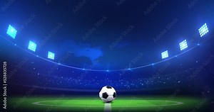 Spinning football sphere with copy space for soccer information on football stadium background. 4K Video motion graphic animation