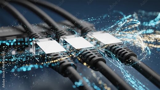 Network Cables Connected to a Router with Data Flow Visualization.