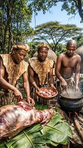 Primitive Cooking Skills: Preparing Buffalo Meat in Africa! #triballife #tribalcooking