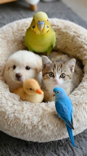🐶🐱🦆🐦 Cutest Animal Cuddle Pile! Blue Parrot Joins overcrowded Cat Bed | Adorable Pets