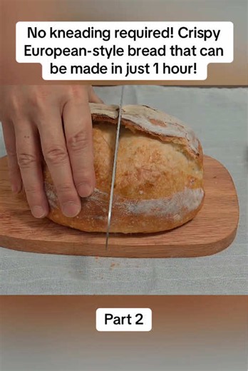No kneading required! Crispy European-style bread that can be made in just 1 hour! #fyp #bread #viral