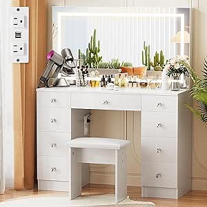 VOWNER Vanity With Lighted Mirror - Makeup Desk With Power Outlet and 9 Drawers, 3 Color Lighting Modes Adjustable Brightness, 43" Table With Soft Cushioned Stool for Bedroom, White
