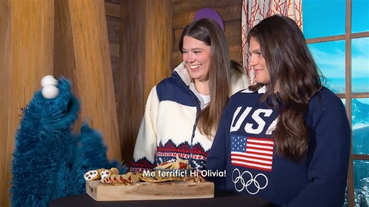 It's time for your Official #WinterOlympics Monster Dinner Break‼️ We loved snacking and bobsledding with you, Ilona and Olivia Maher. 💙🍪 | Sesame Street
