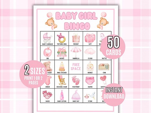 Baby Girl Bingo, 50 Baby Girl Bingo Game Cards, Baby Shower Bingo Game, Baby Shower, Baby Shower Activity, Printable Baby Bingo, It's a Girl - Etsy