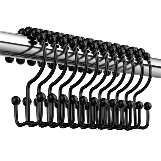 Siaomo Shower Curtain Hooks Rings, Premium Stainless Steel Rustproof Double Glide Shower Hooks for Bathroom Shower Rods Curtains,Double Hooks-Set of 12, Black